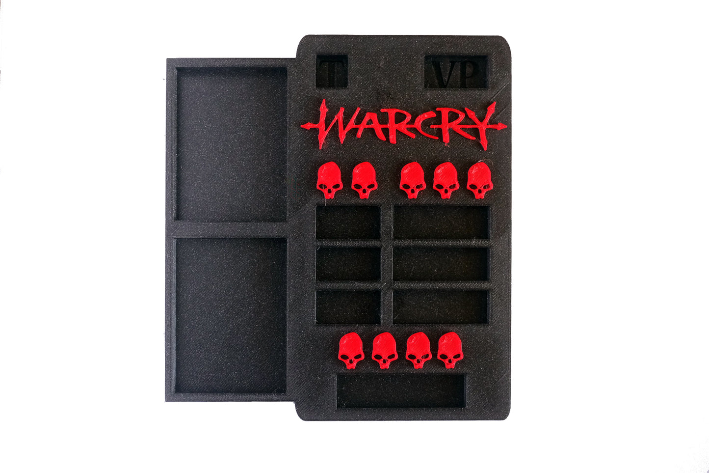 STL archivo digital de Warcry Consola Dashboard para dados de 12mm y bandejas para tokens.